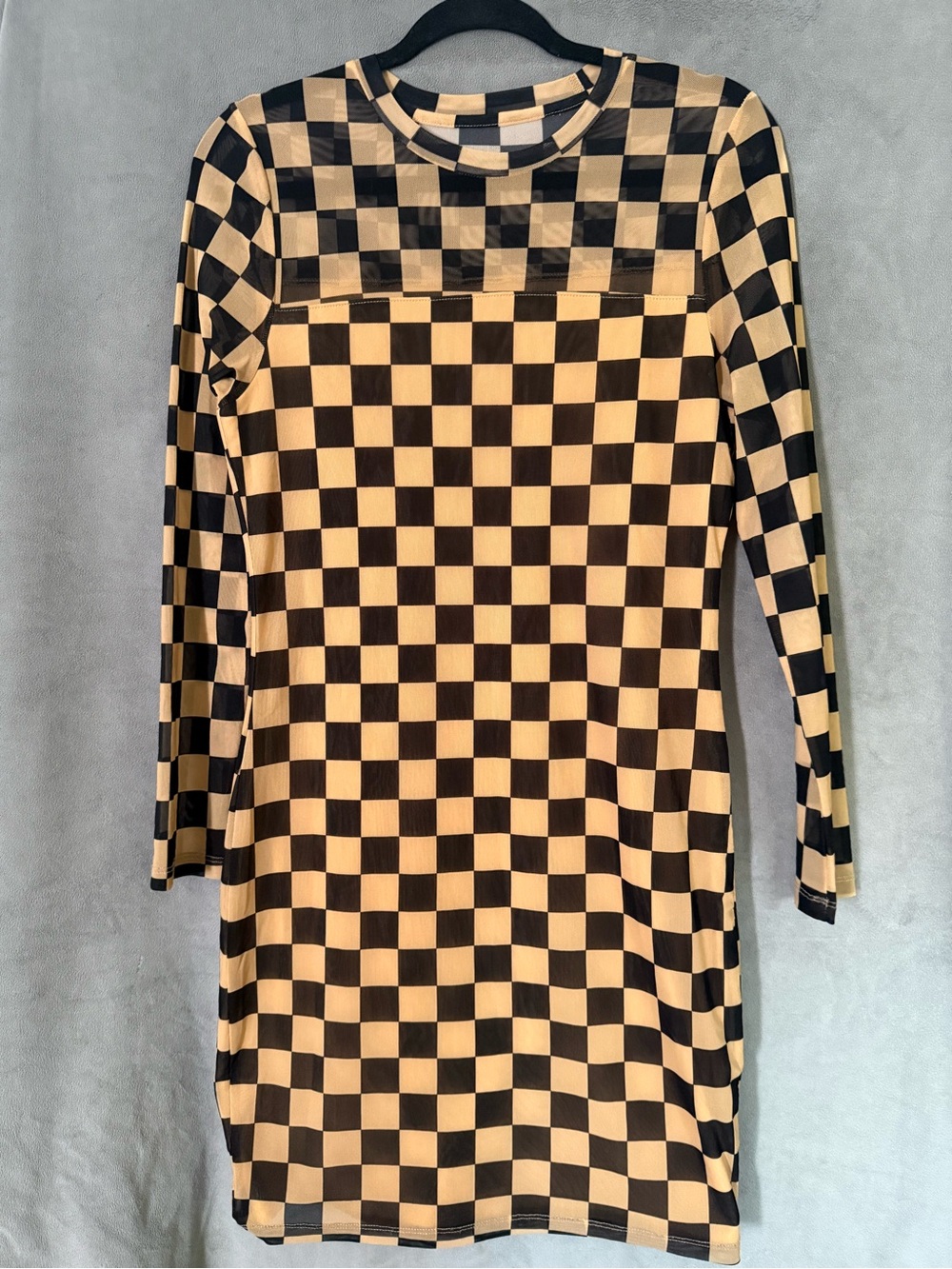 New York & Company Black and Beige Checkerboard Long Sleeve Shift Dress